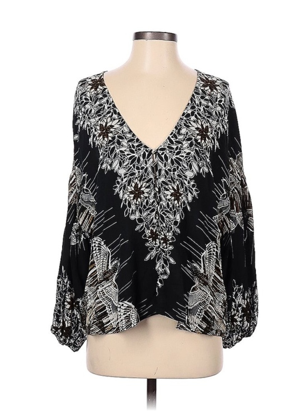 Free People Black Floral & Bird V-Neck Long Sleeve Blouse